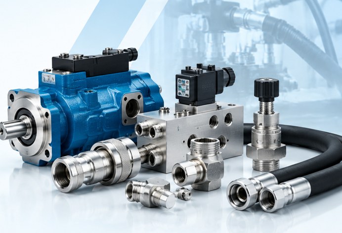 Hydraulic pump, solenoid valve, manifold block, couplings and hose — representative of Western Hardware Mart's hydraulic and industrial product range